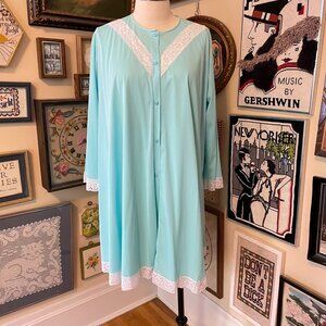 Vintage Pinehurst Lingerie Light Blue Lace Trim Nylon Robe and Nightie Set XL